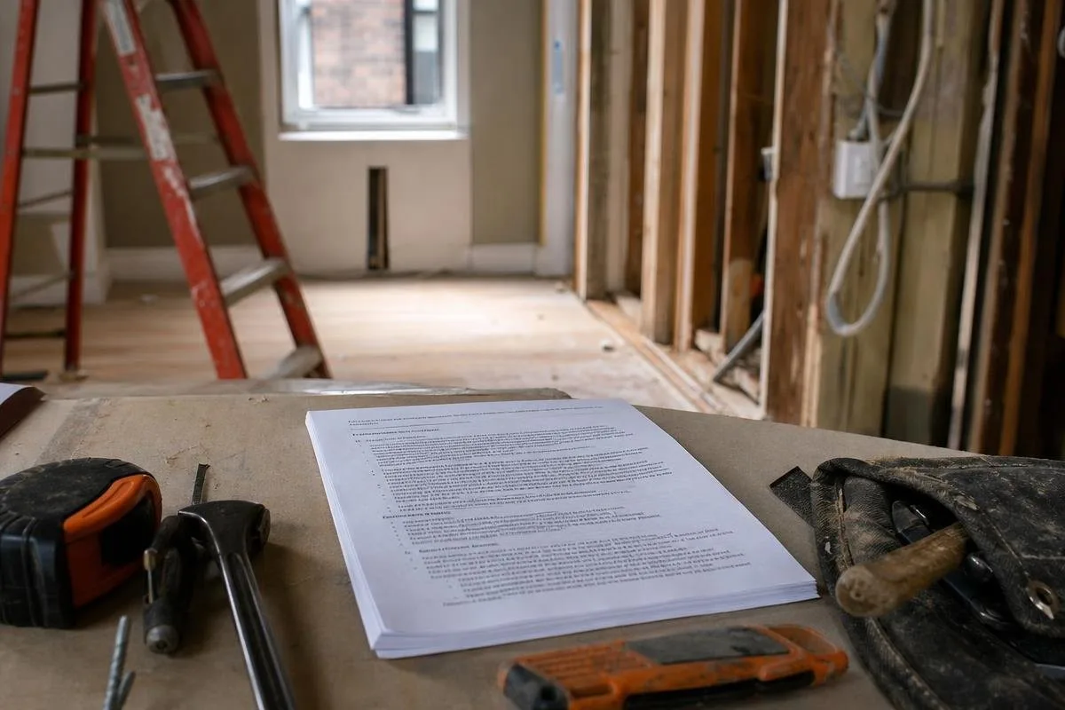 printed renovation scope of work resting on a plywood table beside hand tools in a gutted apartment