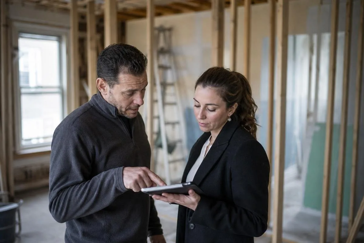 contractor and property manager reviewing a building assessment on a tablet inside a unit stripped to the studs