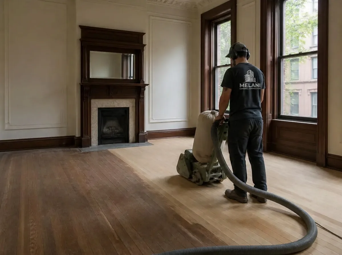 Hardwood floor refinishing in a Brooklyn brownstone parlor with dustless sanding equipment