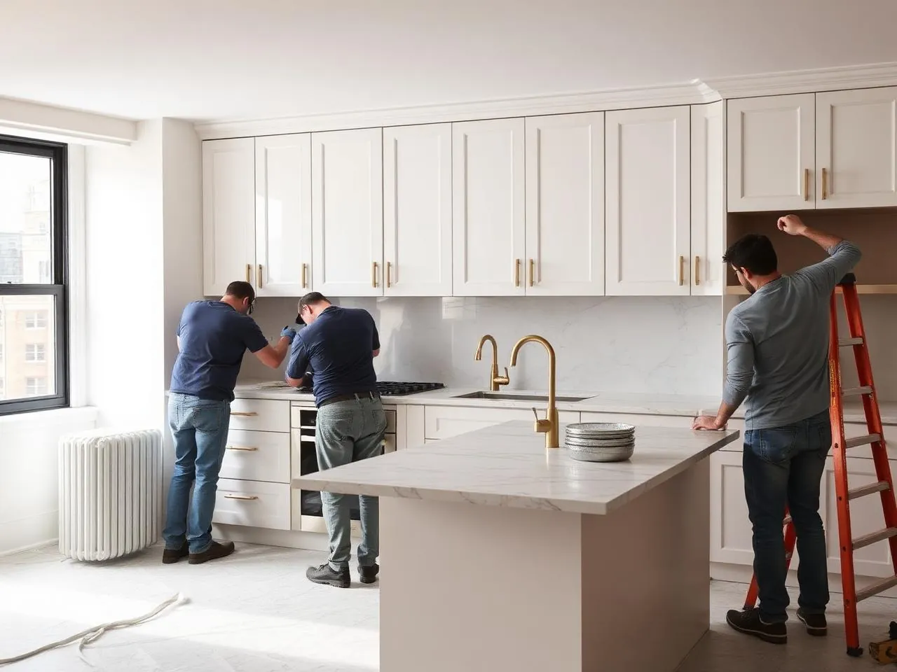 Contractors installing custom white cabinetry and a marble countertop in an Upper East Side kitchen renovation