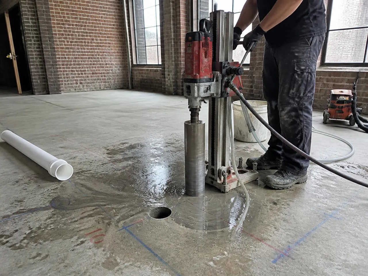 Concrete slab core drilling during a loft renovation NYC for new bathroom drain lines