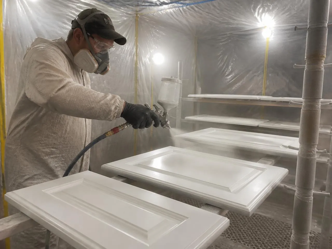 Cabinet painting NYC — kitchen cabinet doors spray finished in a containment booth