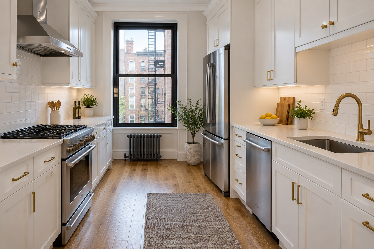 Finished kitchen remodel with white shaker cabinets in NYC