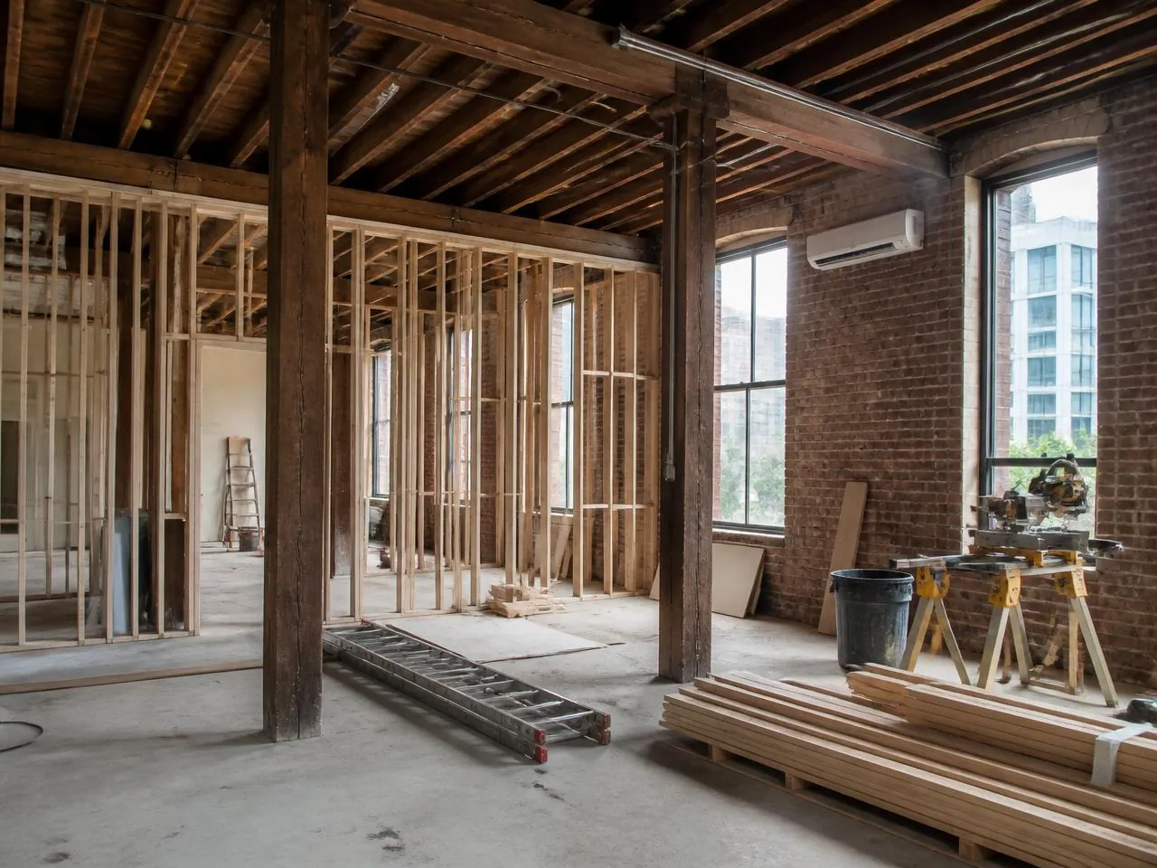 Brooklyn loft renovation by Melani General Contractor with timber post-and-beam ceiling and new framed partitions in Williamsburg