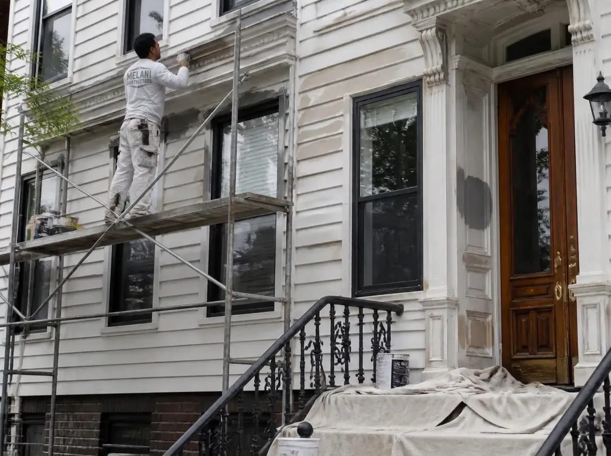 Exterior house painter NYC scraping and painting townhouse siding and trim