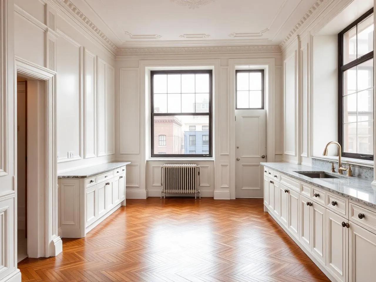 Renovated pre-war Brooklyn Heights co-op with restored moldings, herringbone floors, and a new kitchen