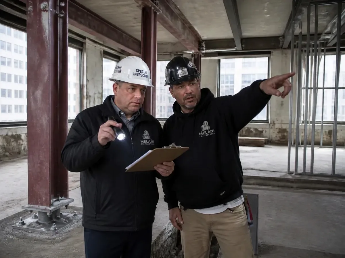 Special inspector documenting structural work during a controlled inspection in an NYC building