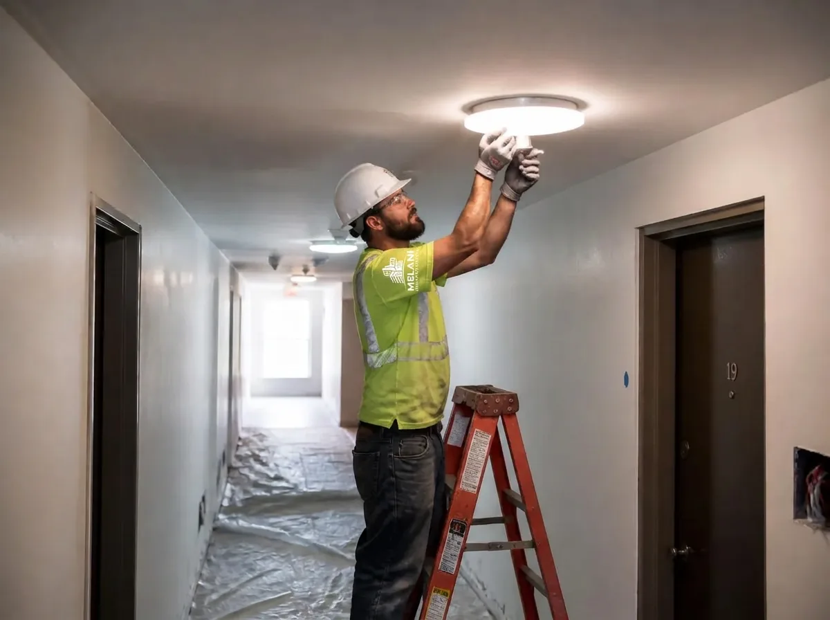 Electrician installing a new LED corridor ceiling fixture during a New York City hallway lighting upgrade