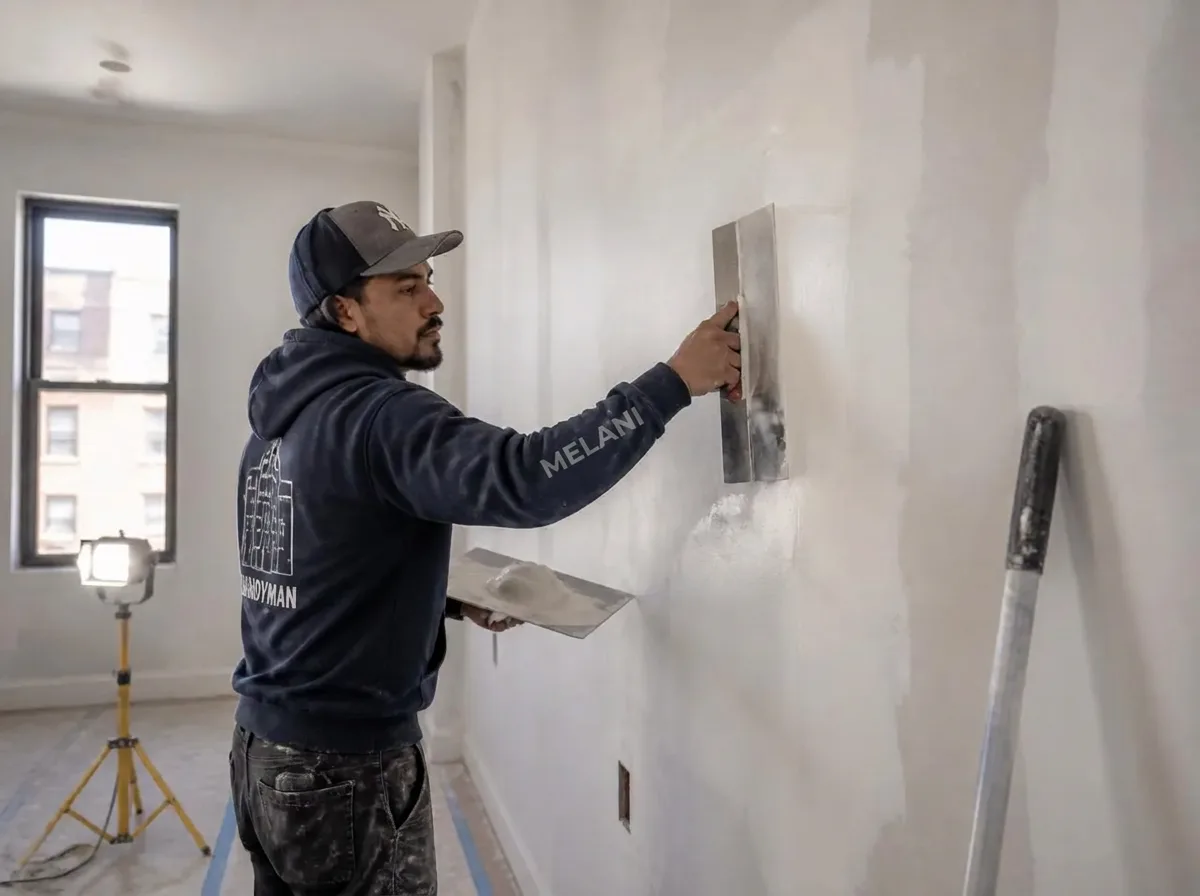 Skim coating plaster walls during painting services NYC preparation
