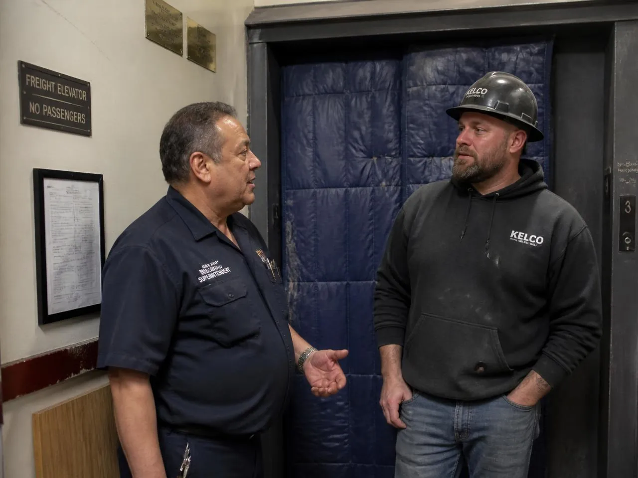 Project foreman coordinating freight elevator access with a building superintendent in an NYC co-op