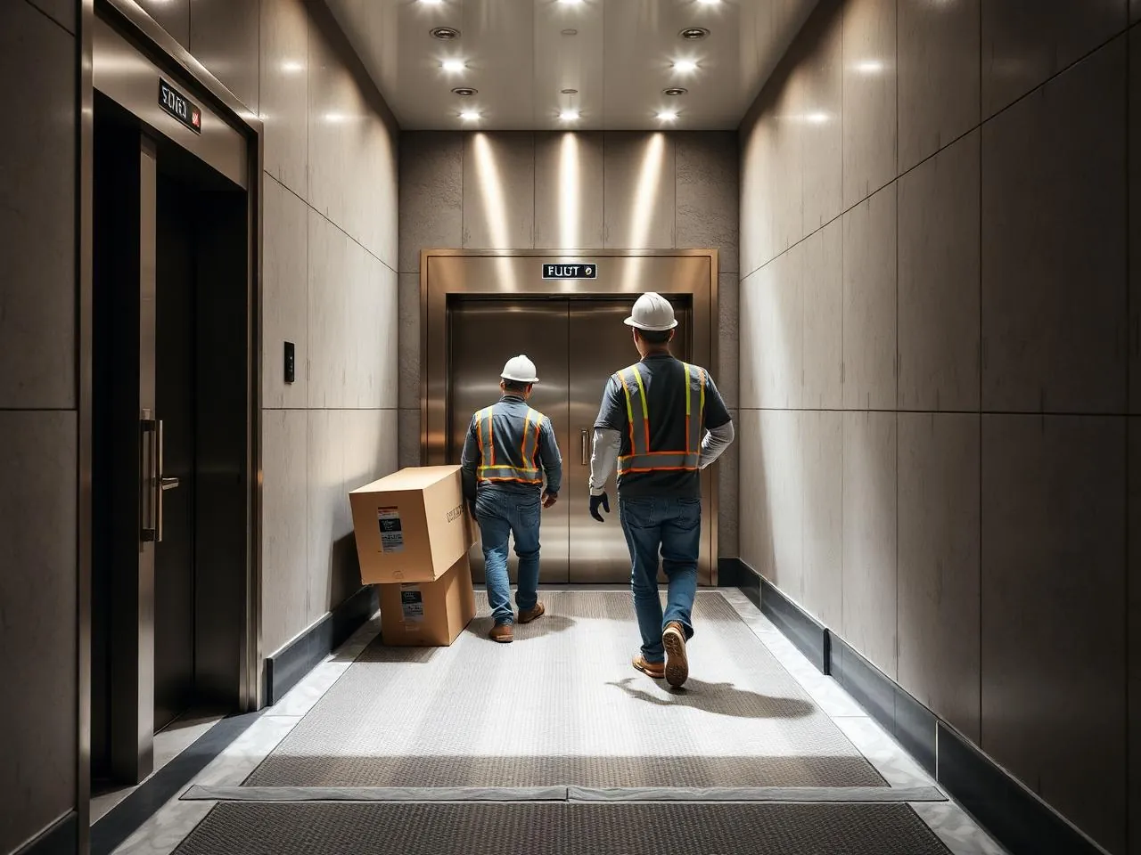 Construction crew moving materials through a protected freight elevator lobby in a mid-rise NYC building