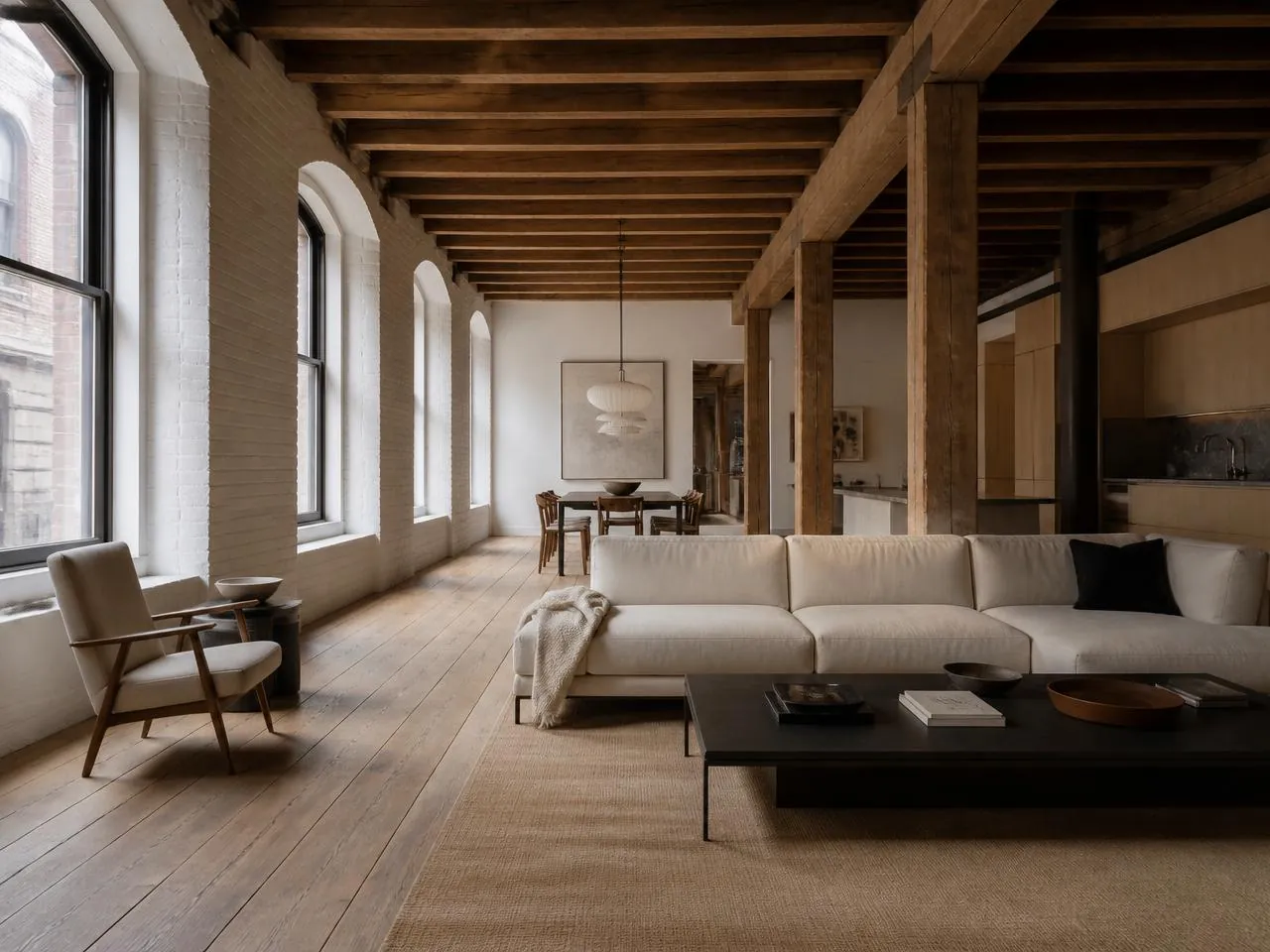 Renovated Tribeca loft with exposed heavy timber beams, arched windows, and wide-plank oak floors