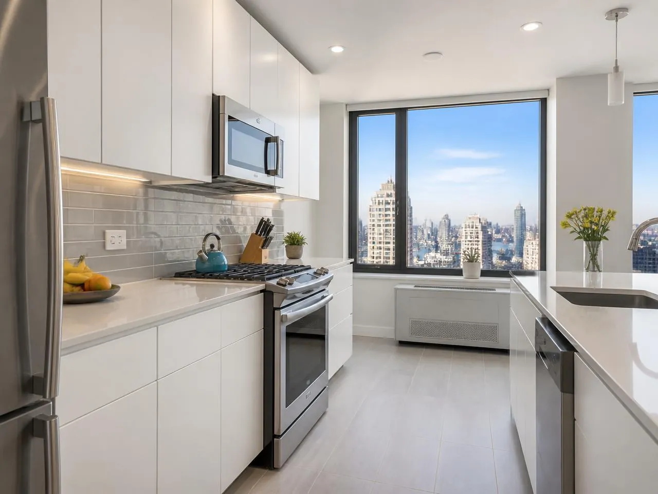 Condo kitchen renovation in a Manhattan high-rise with new cabinetry, quartz counters and building-approved appliances