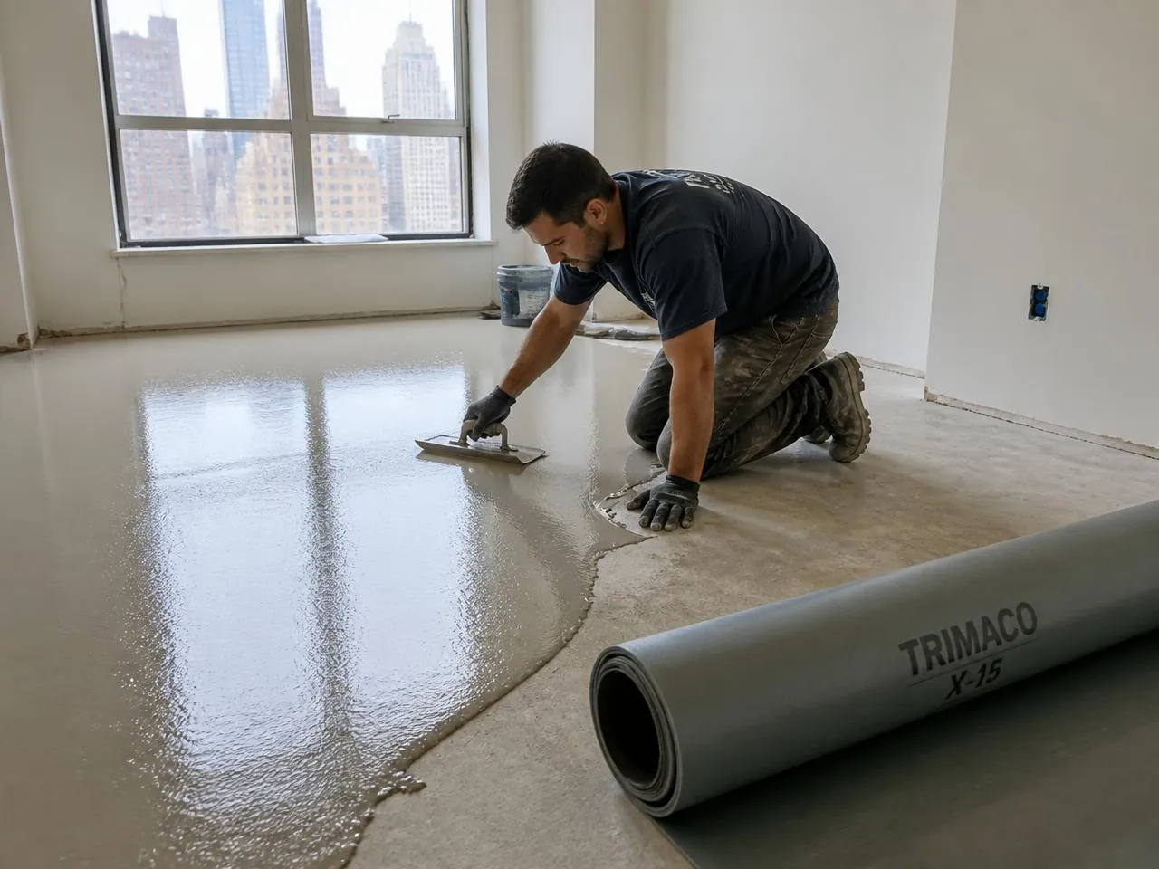 Subfloor preparation for flooring installation NYC — self-leveling compound applied over concrete