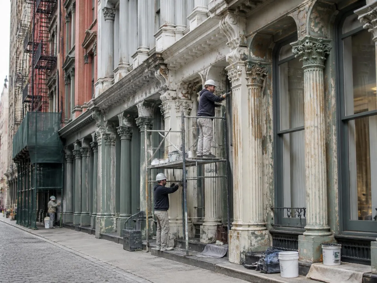 Workers restoring an ornate cast-iron facade on a cobblestone SoHo street in Manhattan