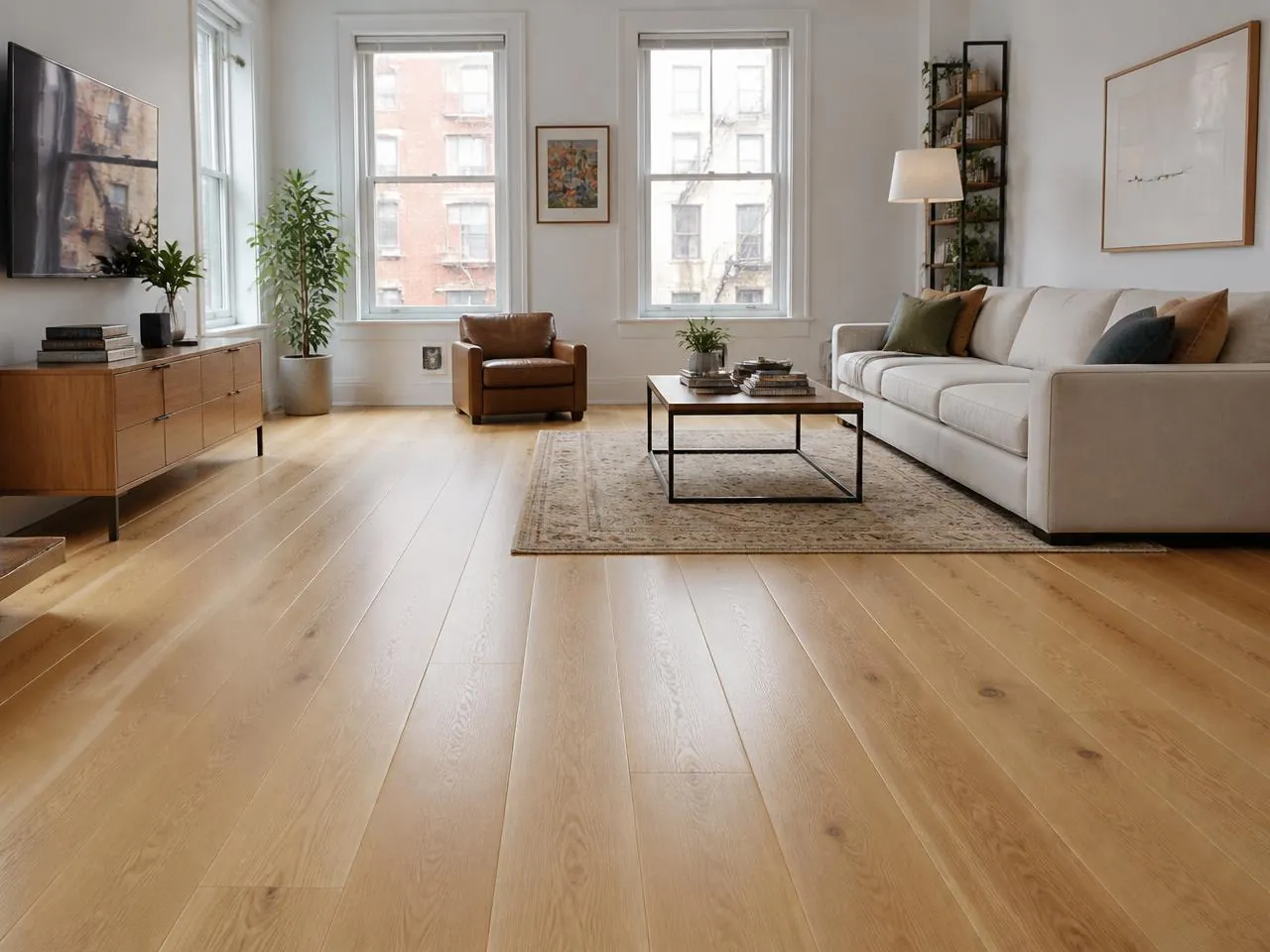 Professional flooring installation in NYC by Melani General Contractor — wide-plank white oak hardwood floor