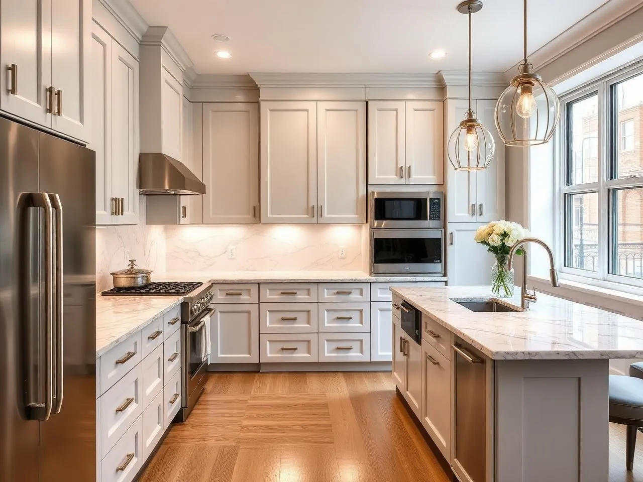 Renovated kitchen from a home renovation NYC project with custom cabinetry and stone countertops