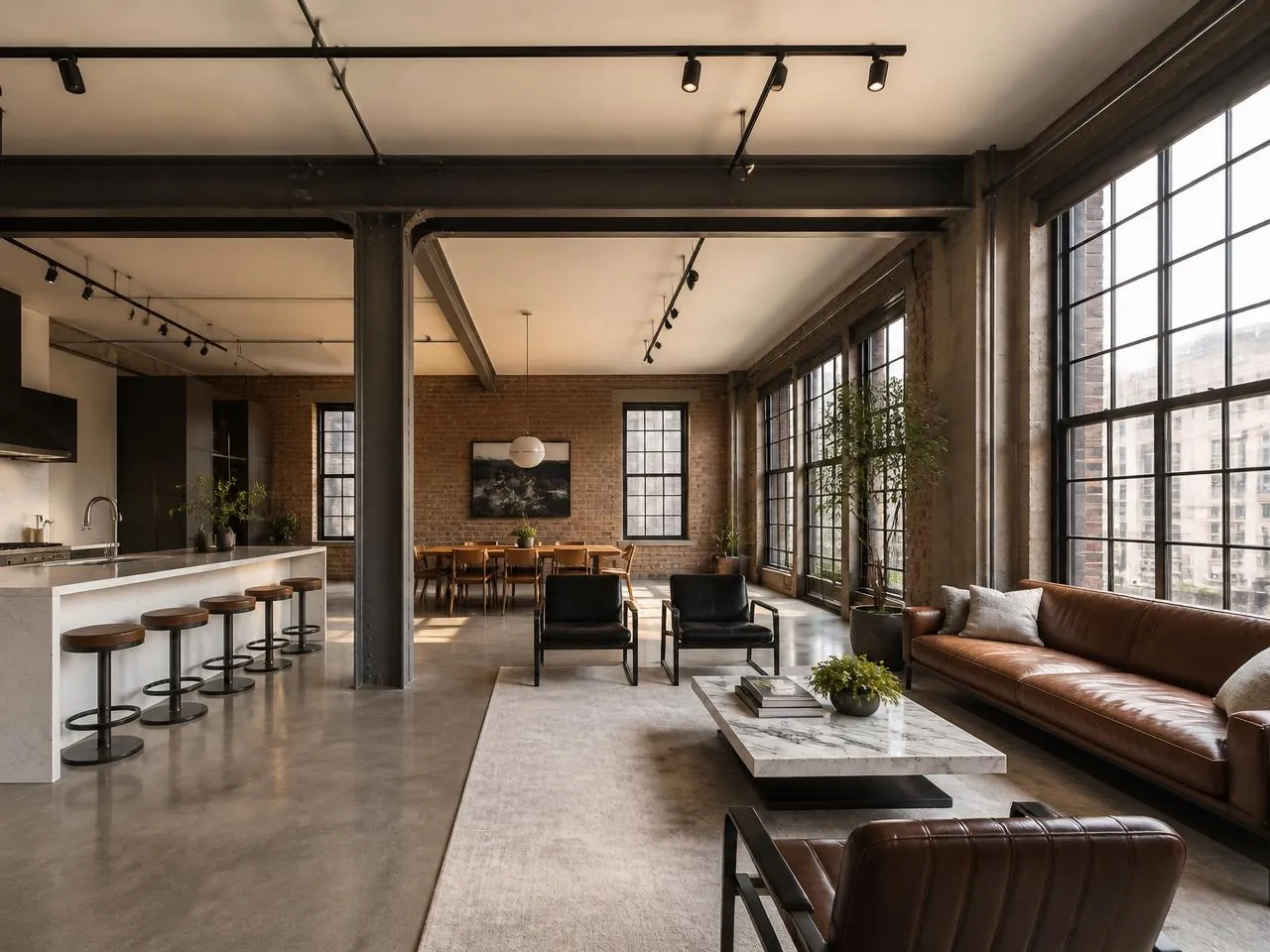 Complete loft renovation in NYC by Melani General Contractor with open floor plan and exposed steel beams