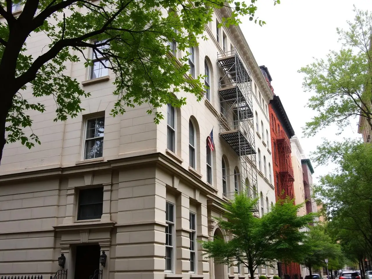Limestone Upper East Side townhouse facade with restoration scaffolding on a tree-lined Manhattan block