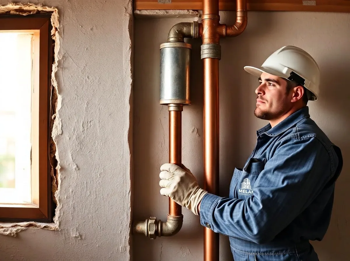 Plumber replacing a cast iron waste stack and copper riser inside an opened apartment wall chase