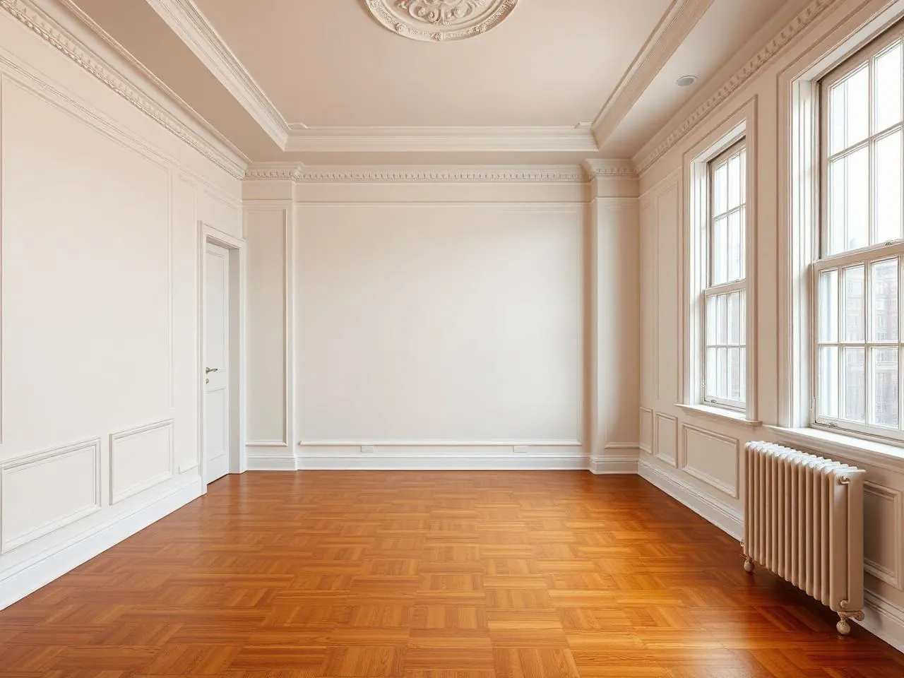 Restored pre-war NYC apartment unit with refinished parquet floors and original plaster moldings