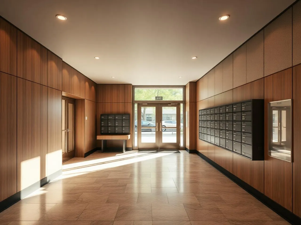 Renovated New York City apartment building lobby with new stone flooring, wood paneling, and modern mailboxes