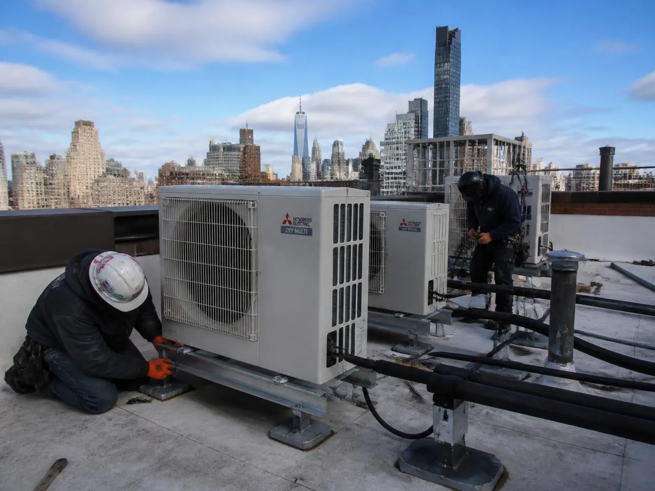 Electric heat pump condensers installed on an NYC rooftop for a Local Law 97 emissions retrofit