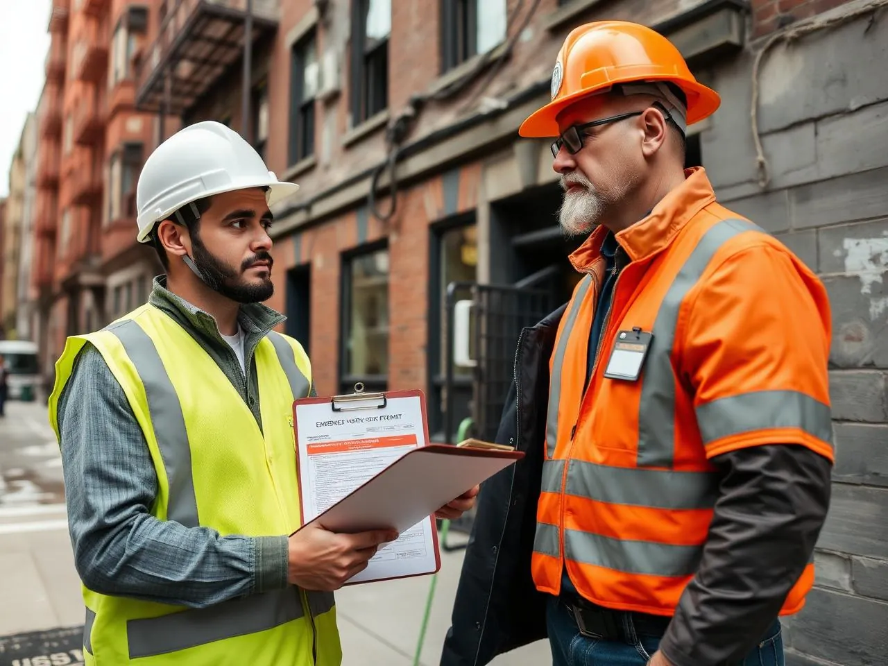 Project manager reviewing emergency work permit paperwork with a building inspector outside a damaged NYC building