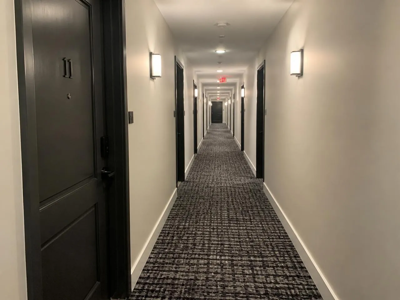 Renovated apartment building corridor in New York City with new carpet, painted plaster walls, and modern wall sconces