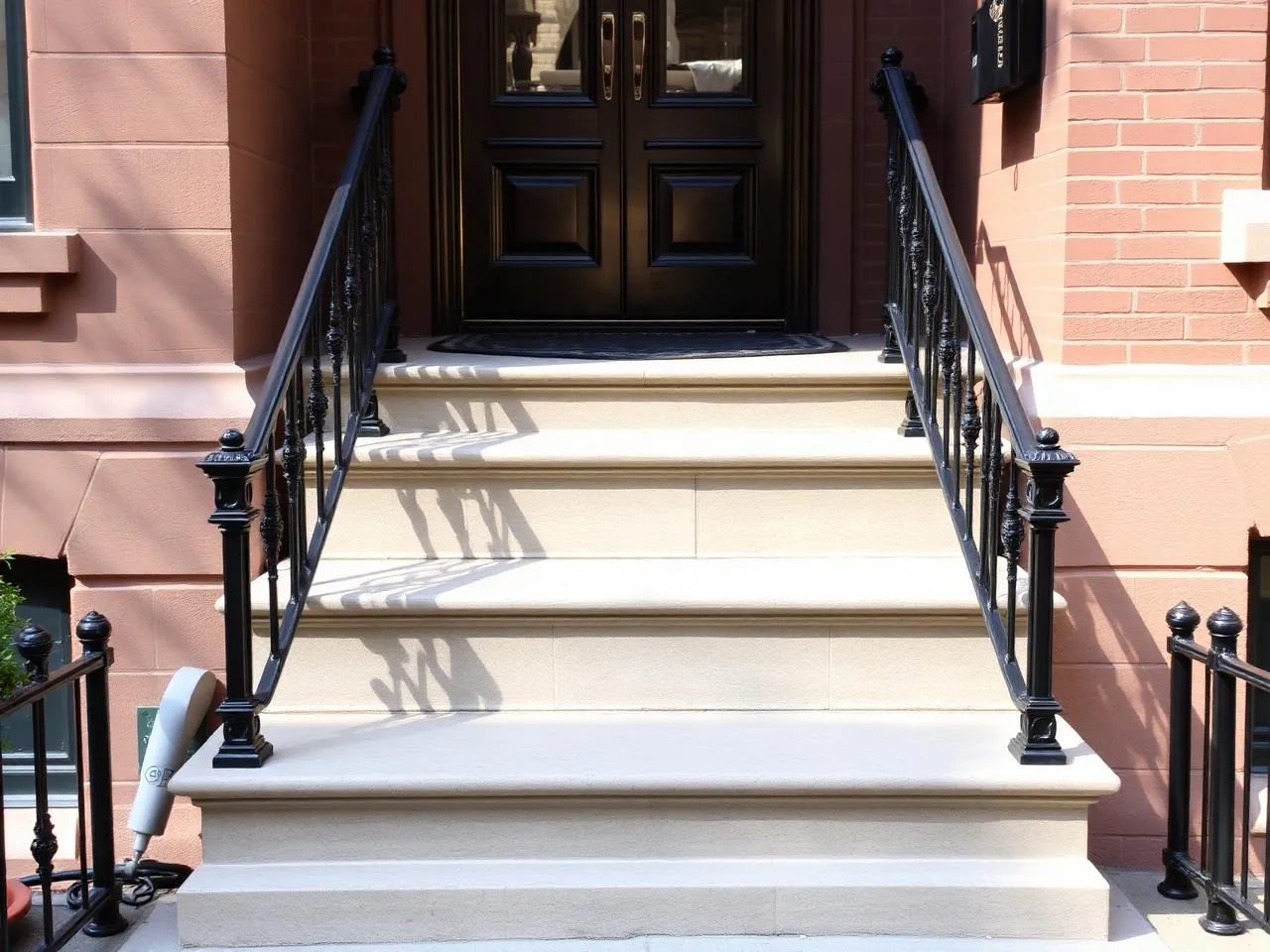 Rebuilt Brooklyn brownstone stoop with new stone treads and restored wrought-iron railings