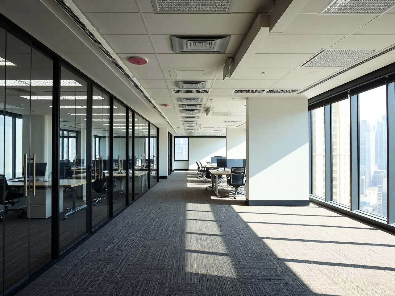 Newly completed New York City office build-out with glass partition offices, new carpet tile, and recessed lighting