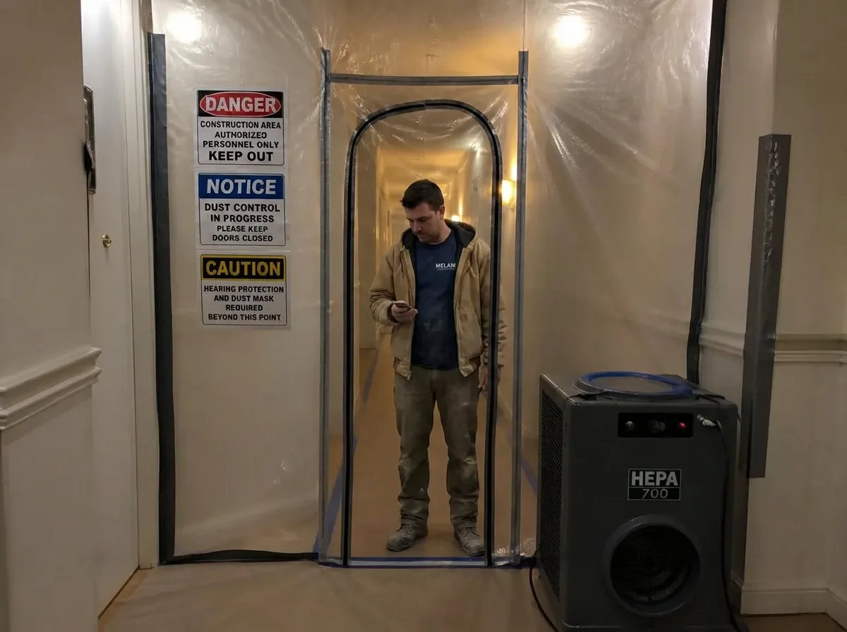 Zip-wall dust containment and HEPA air scrubber sealing off a corridor during renovation in an occupied NYC building