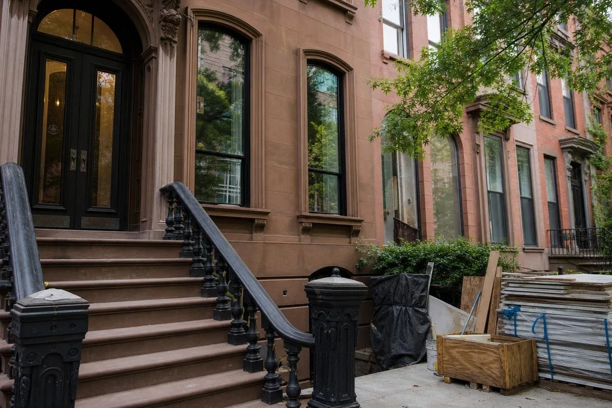 Brownstone townhouse entrance with a front stoop and renovation materials