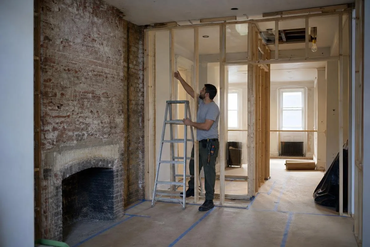 Worker on a ladder inside a stripped interior with exposed brick and framing