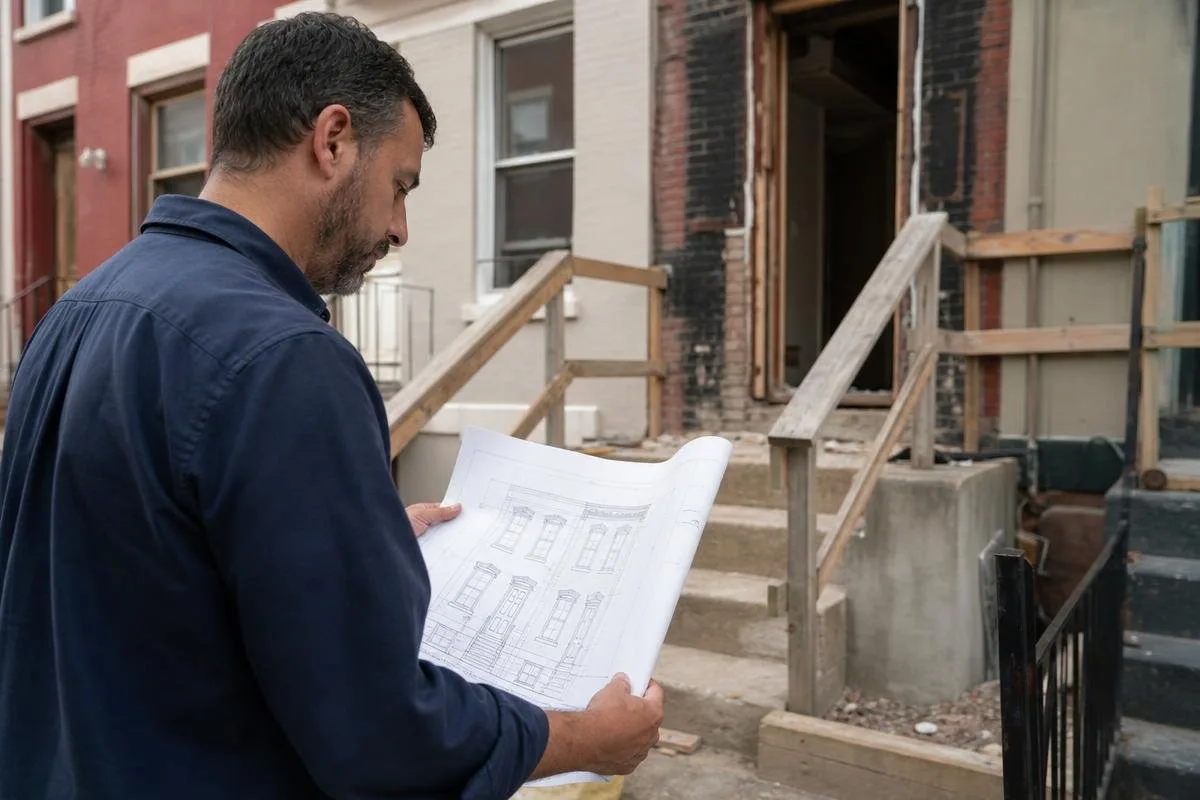 Contractor reviewing renovation plans outside a townhouse with an unfinished stoop