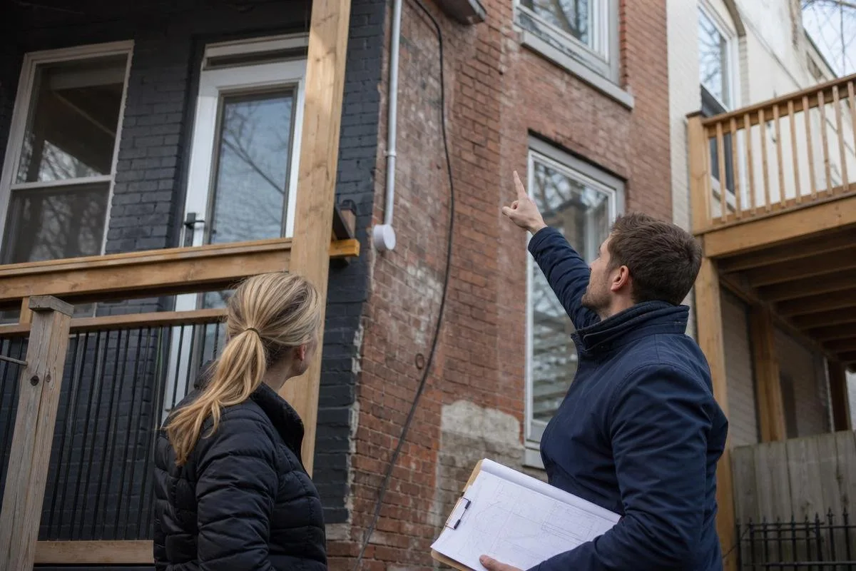Two people inspecting the rear brick wall of an attached townhouse