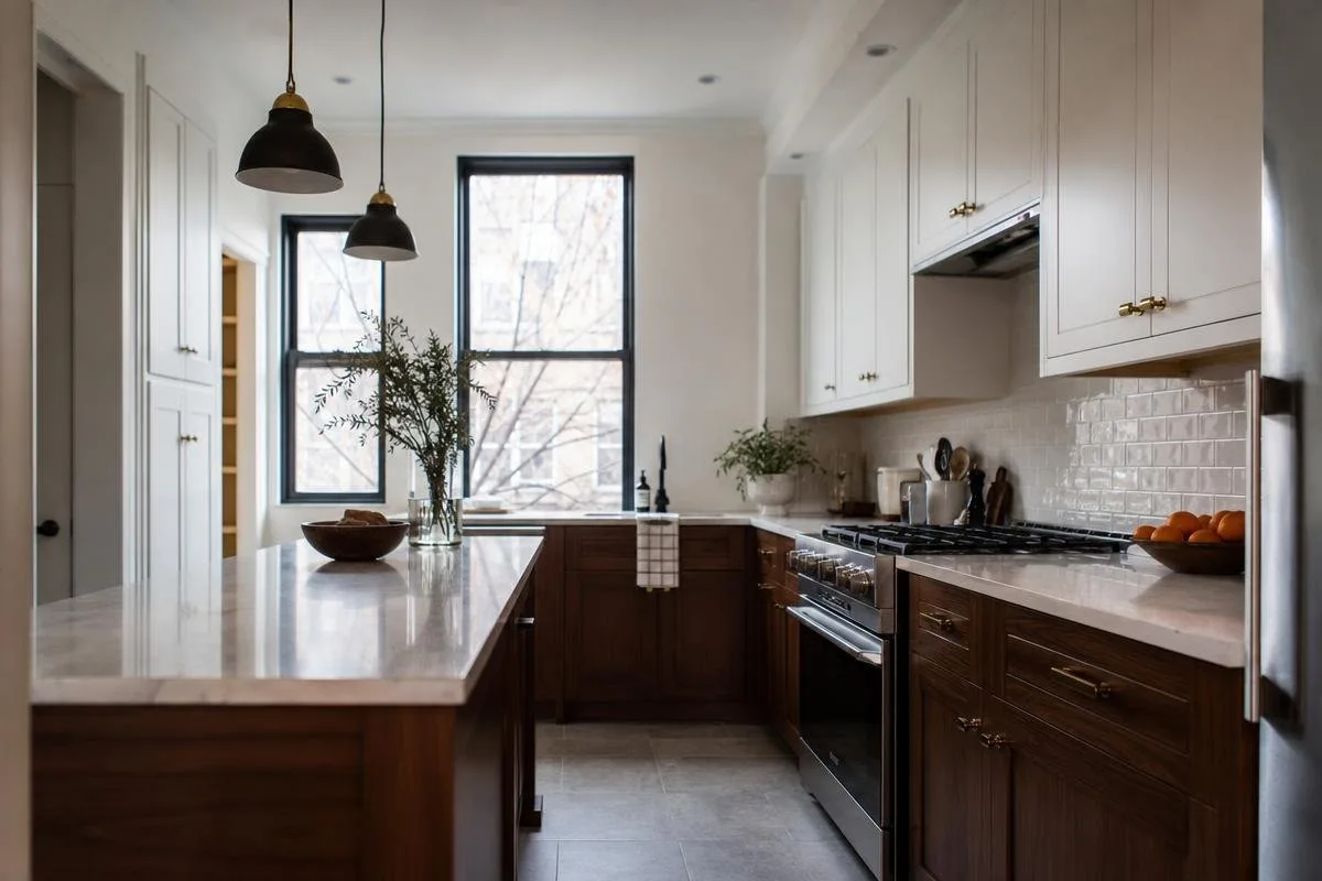 Finished NYC apartment kitchen with new cabinets, counters, lighting, and appliances