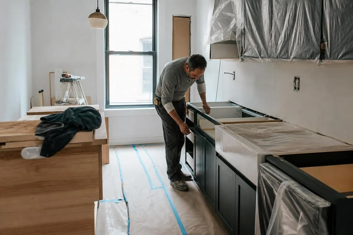 Contractor reviewing measurements and kitchen renovation scope in a Brooklyn apartment
