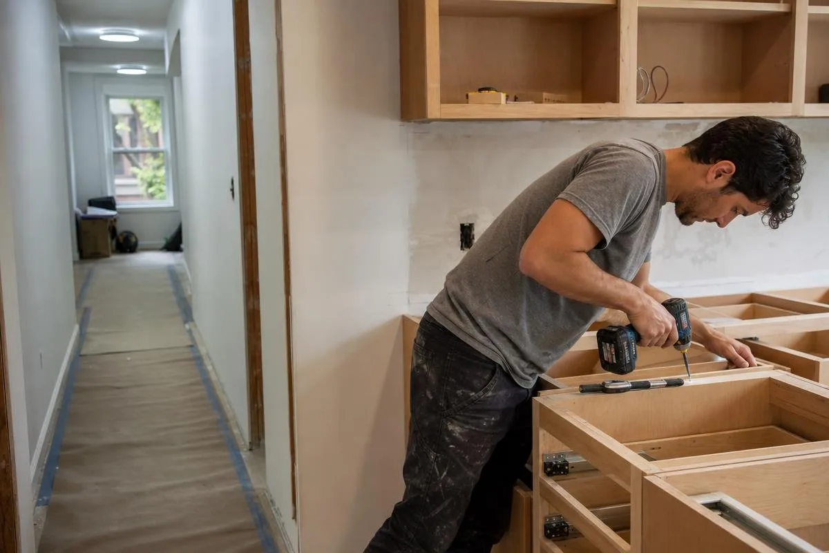 Kitchen cabinet installation with measured openings for appliances and countertops