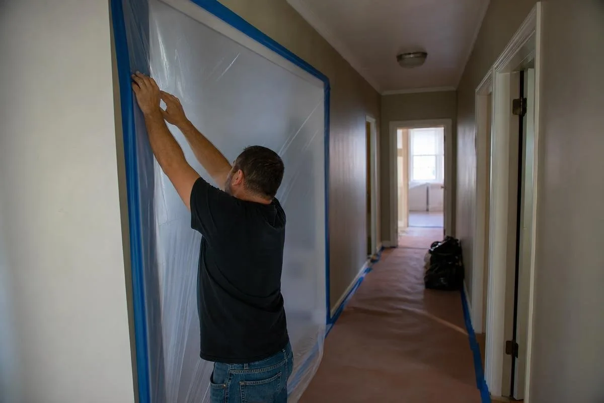 Protected apartment hallway and work area prepared for kitchen renovation access