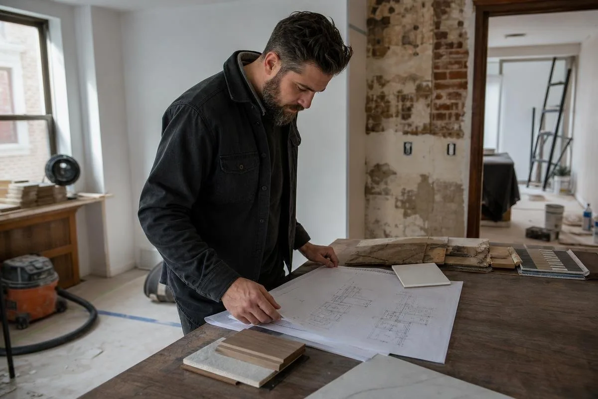 Contractor reviewing renovation plans and material samples in a partially renovated kitchen
