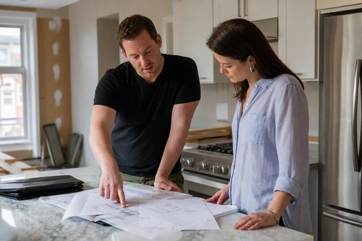Kitchen renovation consultation with measurements, appliance information, and finish selections