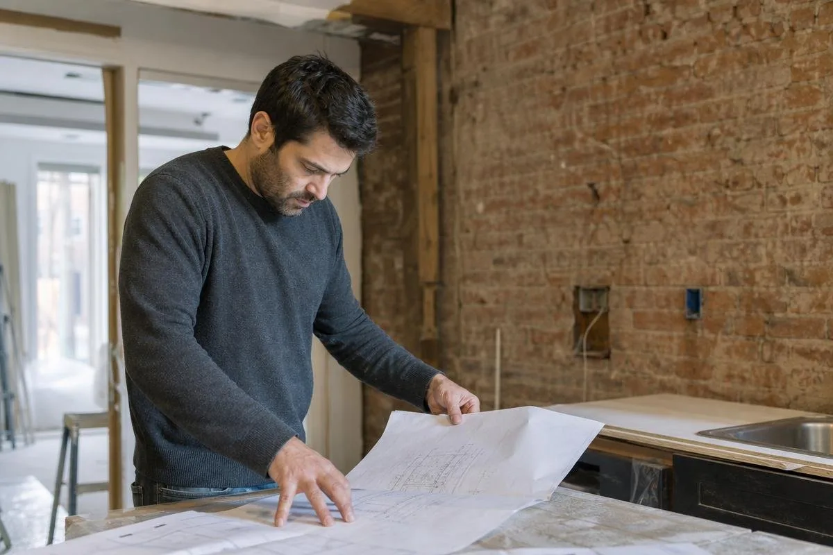 Contractor reviewing plans beside an exposed brick wall during a kitchen renovation