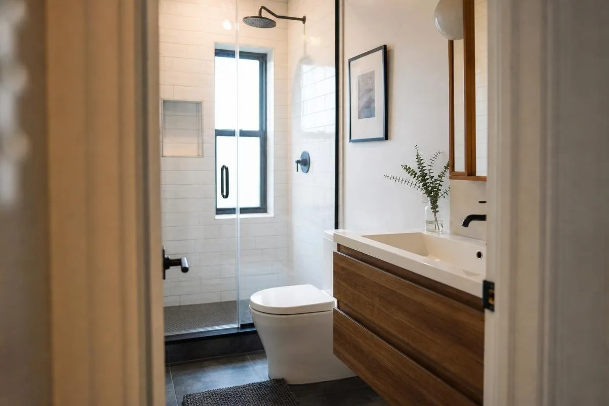 Compact NYC apartment bathroom with space-saving fixtures