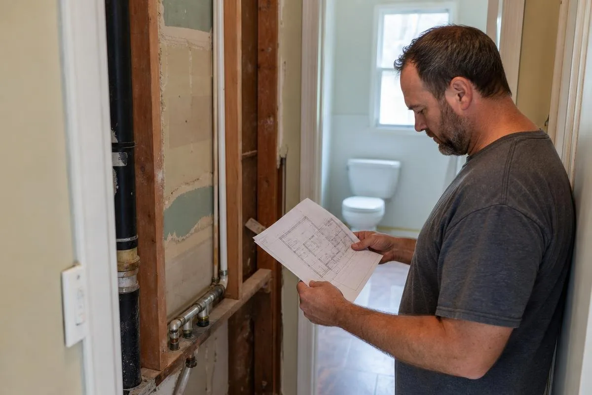 Contractor reviewing plans beside exposed bathroom plumbing