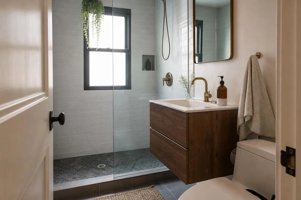 Finished bathroom with a walk-in shower, wood vanity, mirror, and toilet