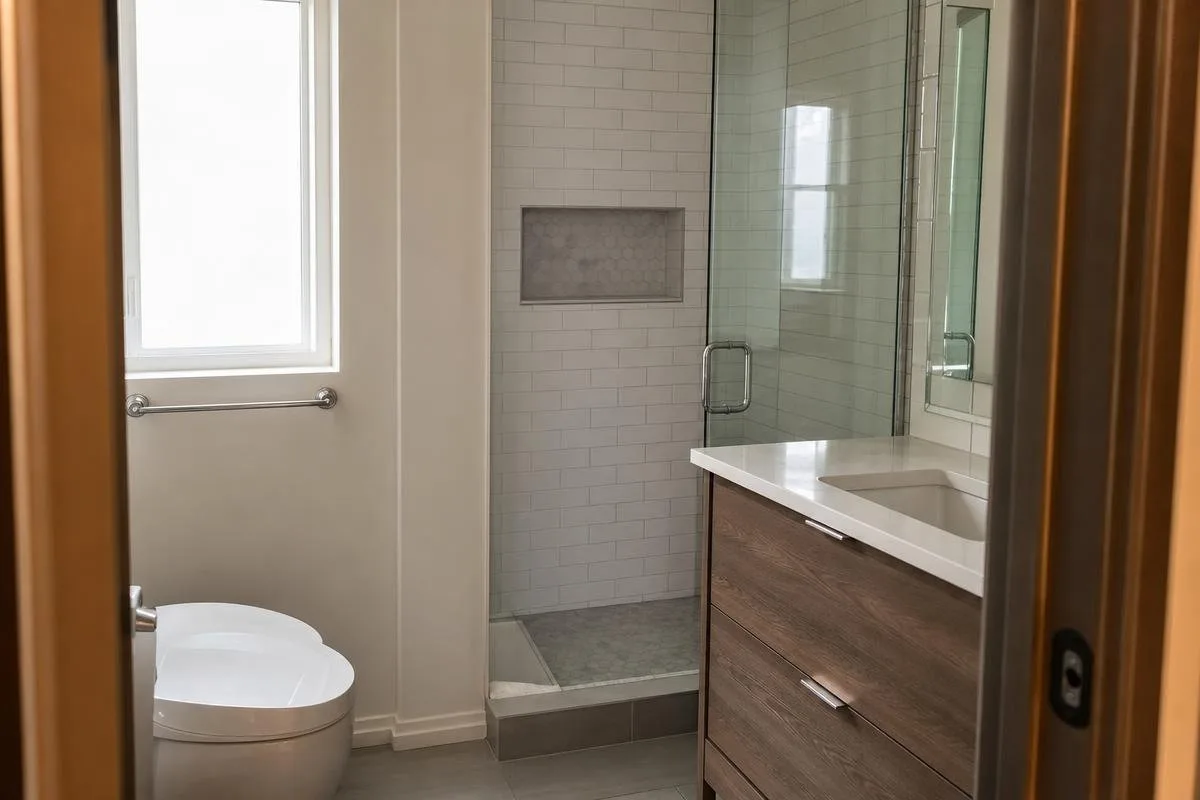 Finished bathroom with a glass shower enclosure, recessed niche, wood vanity, and toilet