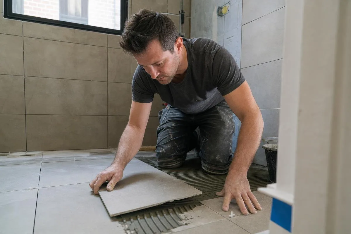 Worker installing large-format floor tile in a bathroom