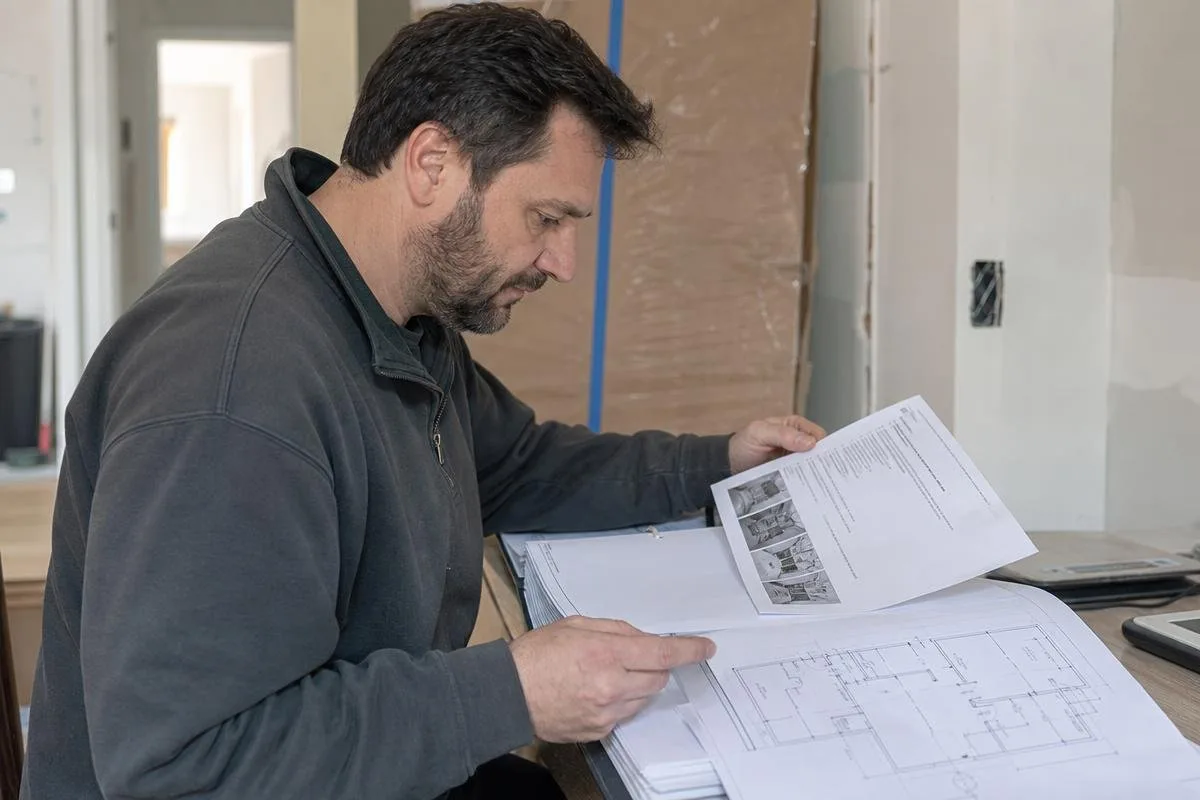 Contractor reviewing floor plans at a worktable