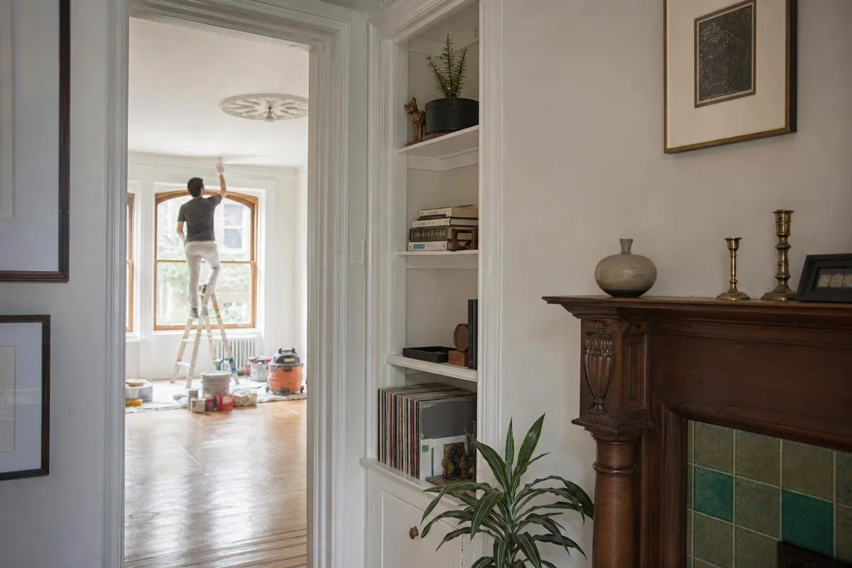 Apartment interior with a worker on a ladder in an adjoining room